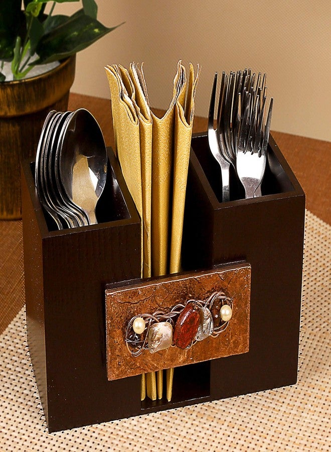 COCKTAIL Wooden 2 in 1 Cutlery Holder Spoon Stand (Brown/Copper) | Rack for Spoons, Forks, Napkins, Tissue Paper Storage Box- 3 Sections | Flatware Caddy | Stylish Cutlery Holder for Dining Table - Image 1